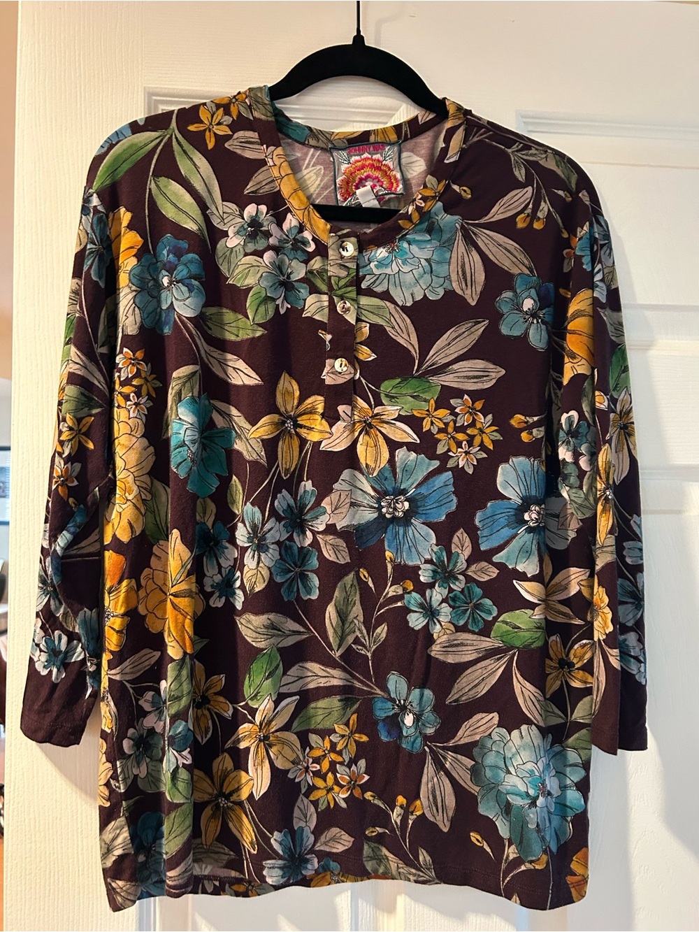 Johnny Was Brown Floral Henley Long Sleeve Top with Teal and Golden FloralBlooms